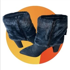 Lauren Lorraine Black Faux Fur Heeled Boots Size 8.5 New 3.5” heel